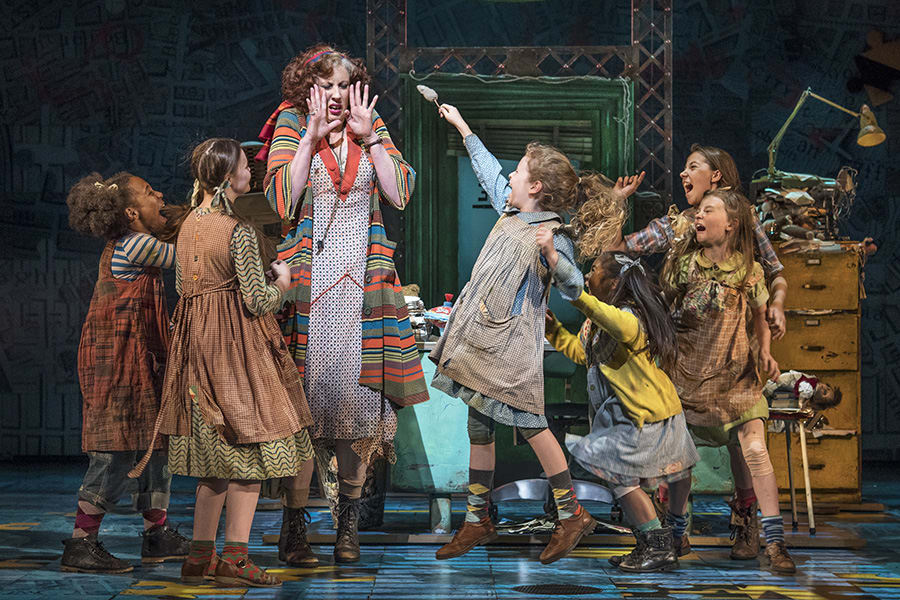 Miranda Hart (Miss Hannigan) with the Orphans in Annie at the Piccadilly Theatre (Photo: Paul Coltas)