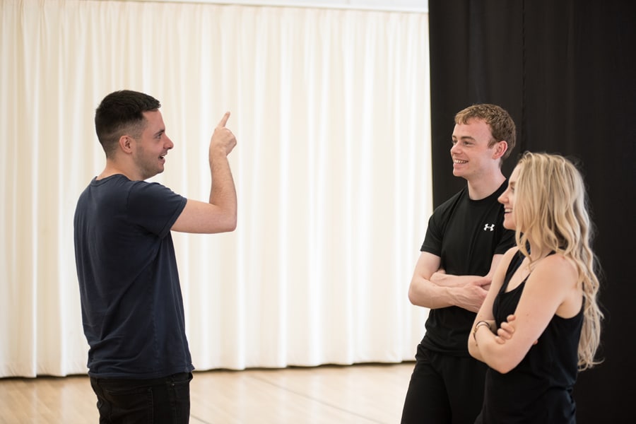 Director John Haidar, Colin Campbell and Evanna Lynch in rehearsal for Disco Pigs at Trafalgar Studios (Photo: Savannah Photographic)