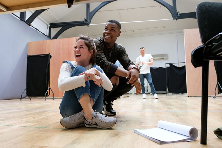 Sarah Greene (Marie) and John Boyega (Woyzeck) in rehearsal for Woyzeck at The Old Vic (Photo: Manuel Harlan)