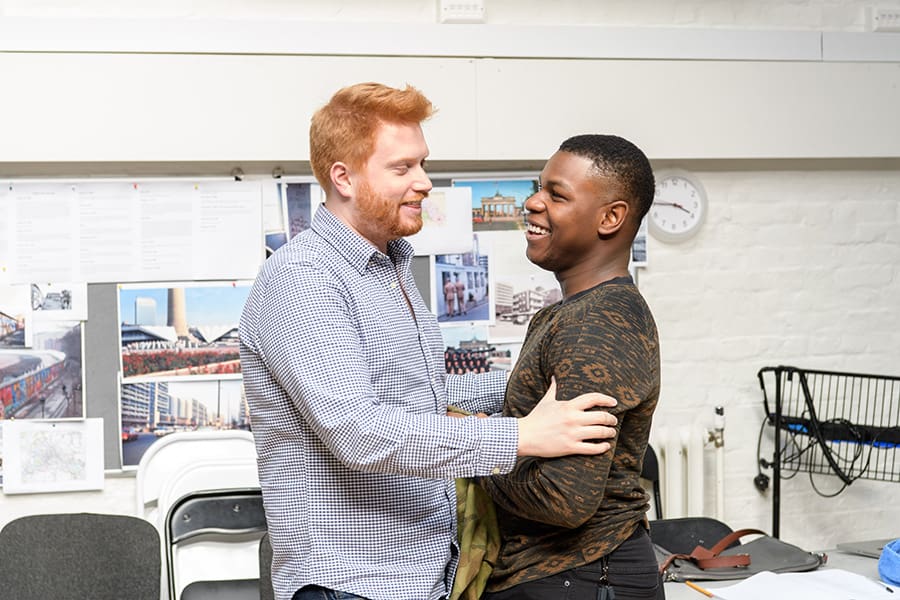 Joe Murphy (Director) and John Boyega (Woyzeck) in rehearsal for Woyzeck at The Old Vic (Photo: Manuel Harlan)