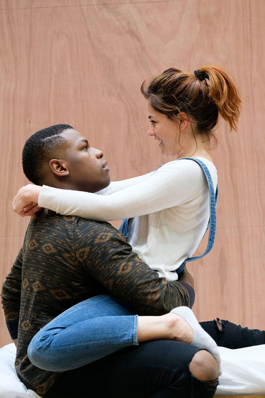 John Boyega (Woyzeck) and Sarah Greene (Marie) in rehearsal for Woyzeck at The Old Vic (Photo: Manuel Harlan)