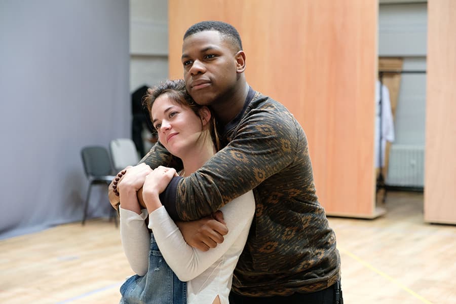 Sarah Greene (Marie) and John Boyega (Woyzeck) in rehearsal for Woyzeck at The Old Vic (Photo: Manuel Harlan)