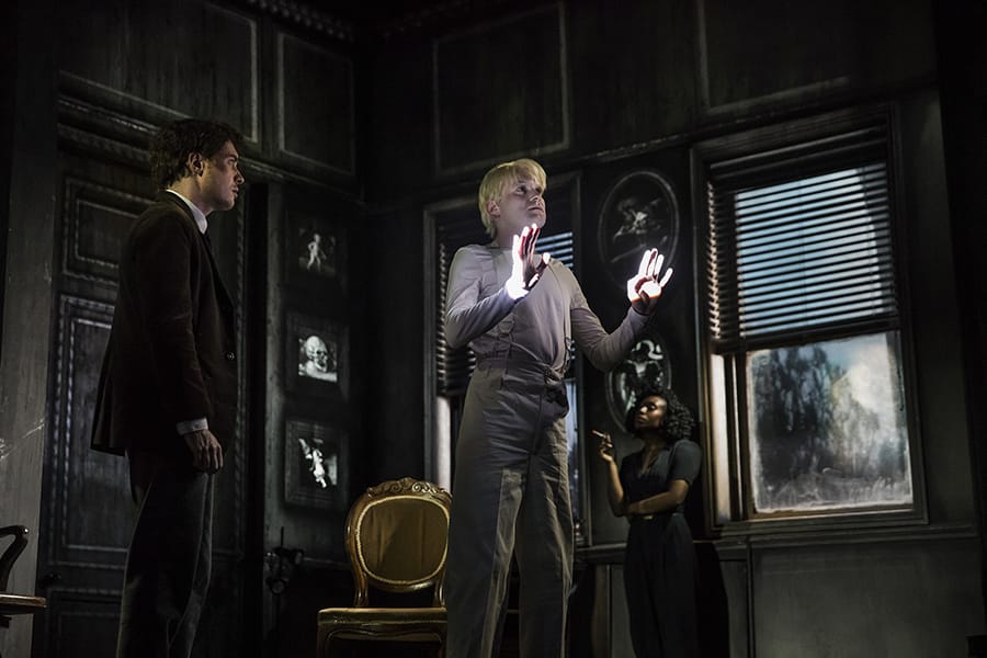 Mark Edel-Hunt (Daniel Quinn), Jack Tarlton (Peter Stillman) and Vivienne Acheampong (Virginia Stillman) in Paul Auster's City Of Glass at the Lyric Hammersmith (Photo: Jonathan Keenan)