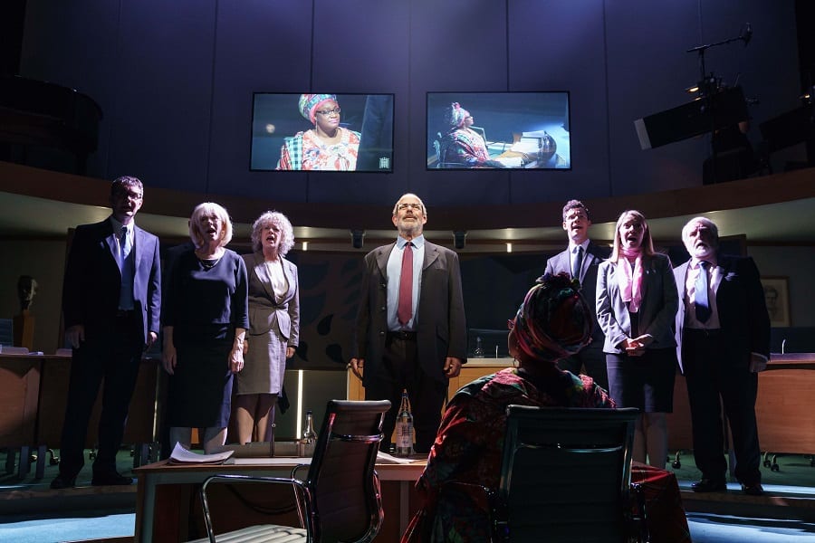 Omar Ebrahim (Alan Yentob) and the company in Committee... at the Donmar Warehouse. Photo by Manuel Harlan