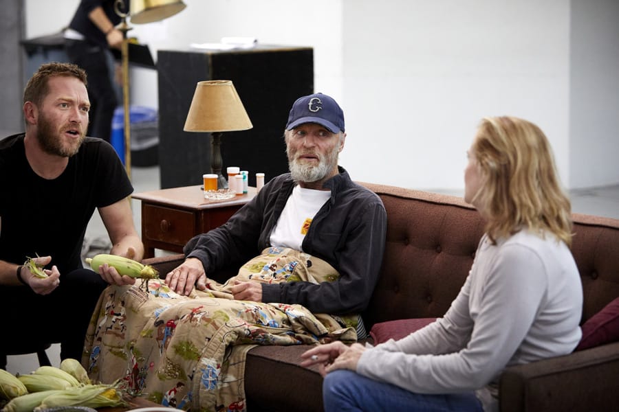 Barnaby Kay (Tilden), Ed Harris (Dodge) and Amy Madigan (Hallie) in Buried Child rehearsals (Photo: Serge Nivelle)