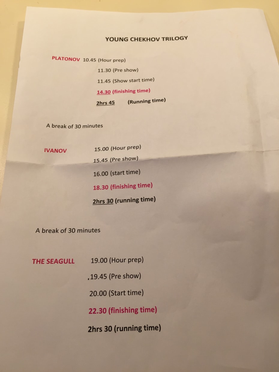 Start of the three show trilogy day, trying to think of each play one at a time. Pre show is when some actors start on stage as the audience enter.