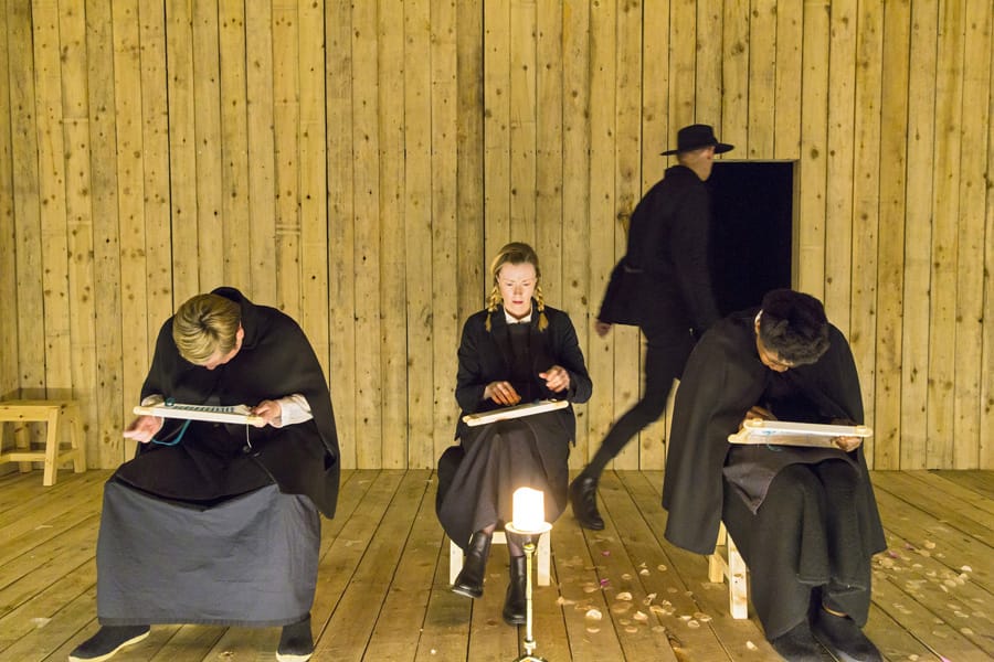 Jane Hazlegrove (A), Fiona Glascott (C), John Mackay (F), Sarah Niles (B) in The Sewing Group (Photo: Stephen Cummiskey)