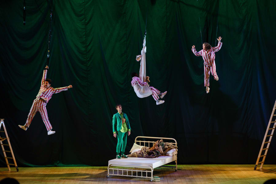 John (Marc Antolin), Michael (John Pfumojena), Wendy (Madeleine Worrall) and Peter Pan (Paul Hilton) in Peter Pan (Photo Steve Tan