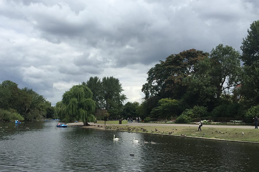 Alex Gaumond: One of the many advantages of working at the Open Air Theatre: the stunning views of Regent's Park. Great way to start the day.