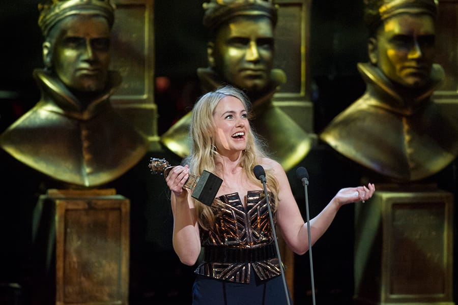 Lorna Want collects the Best Actress in a Supporting Role in a Musical Award at the Olivier Awards 2015 with MasterCard (Photo: Alastair Muir)