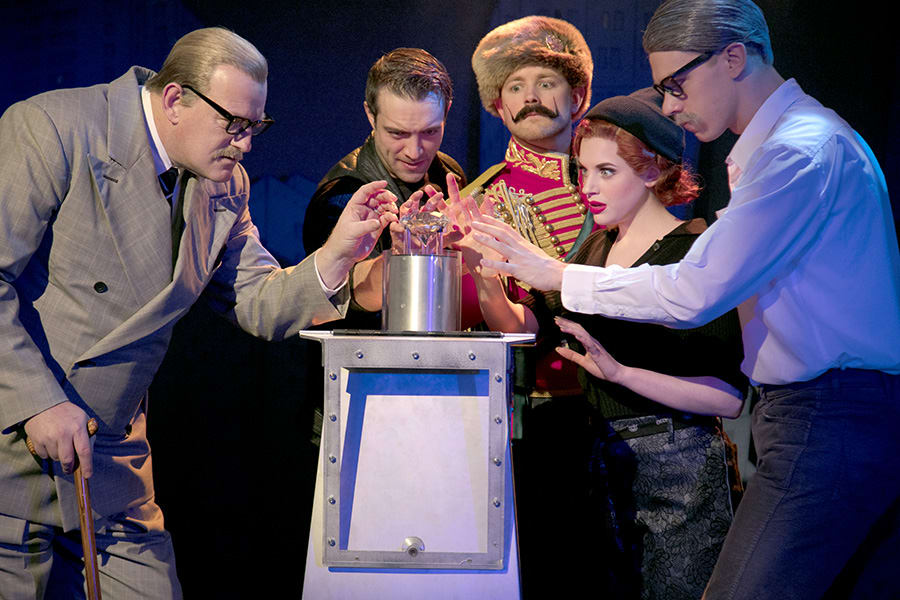 Sean Kearns (Freeboys), Gareth Tempest (Mitch), Jeremy Lloyd (Everyone Else), Hannah Boyce (Caprice) and Steffan Lloyd-Evans (Sam) in The Comedy About A Bank Robbery (Photo: Darren Bell)