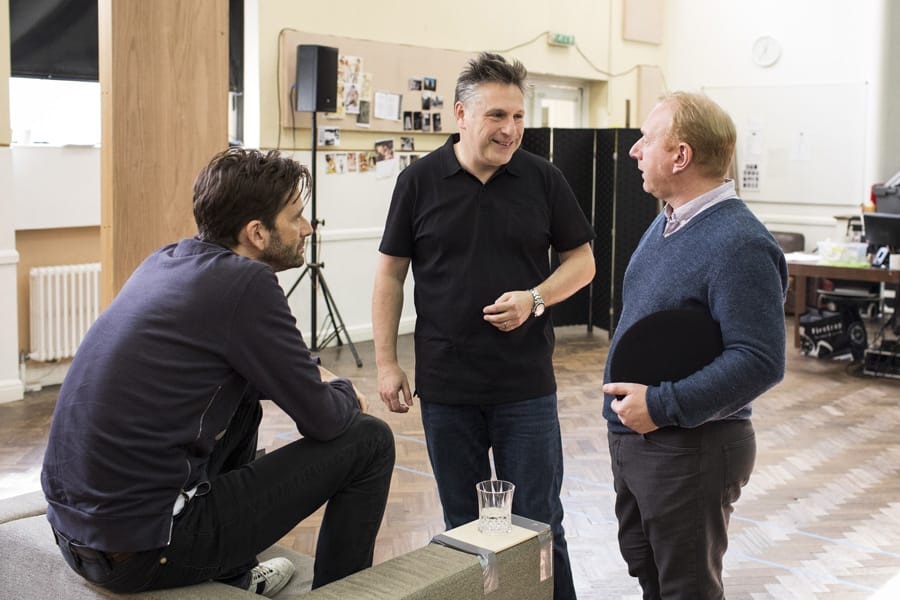 Adrian Scarborough, David Tennant and Patrick Marber in rehearsals for Don Juan In Soho (Photo: Helen Maybanks)