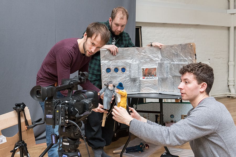 Mark Arends (Musican), David Emmings and Sam Clark (Puppeteers and Devisors) in rehearsal for The Missing Light at The Old Vic (Photo: Manuel Harlan)