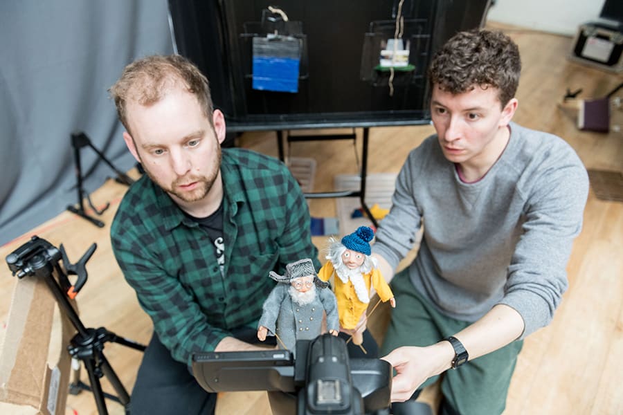 David Emmings (Puppeteer and Devisor) and Sam Clark (Puppeteer and Devisor) in rehearsal for The Missing Light at The Old Vic (Photo: Manuel Harlan)