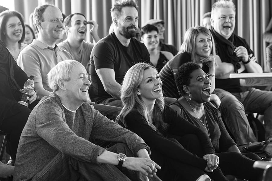 Nicholas Lyndhurst, Alfie Boe, Katherine Jenkinsn & Brenda Edwards with members of the cast in rehearsal for Carousel (Photo: Craig Sugden)