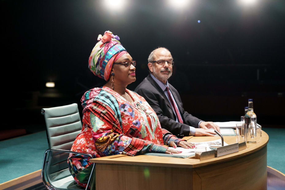 Sandra Marvin (Camila Batmanghelidjh) and Omar Ebrahim (Alan Yentob) in Committee... at the Donmar Warehouse. Photo by Manuel Harlan