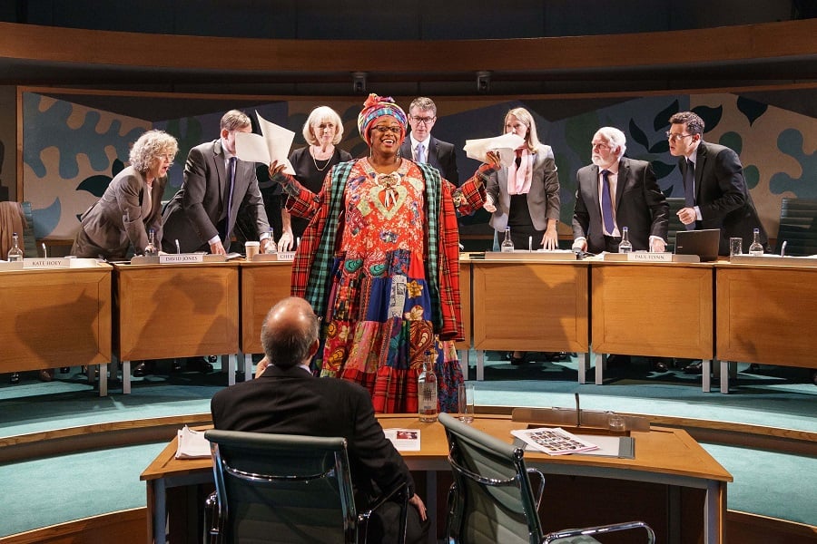 Sandra Marvin (Camila Batmanghelidjh) and the company in Committee... at the Donmar Warehouse. Photo by Manuel Harlan