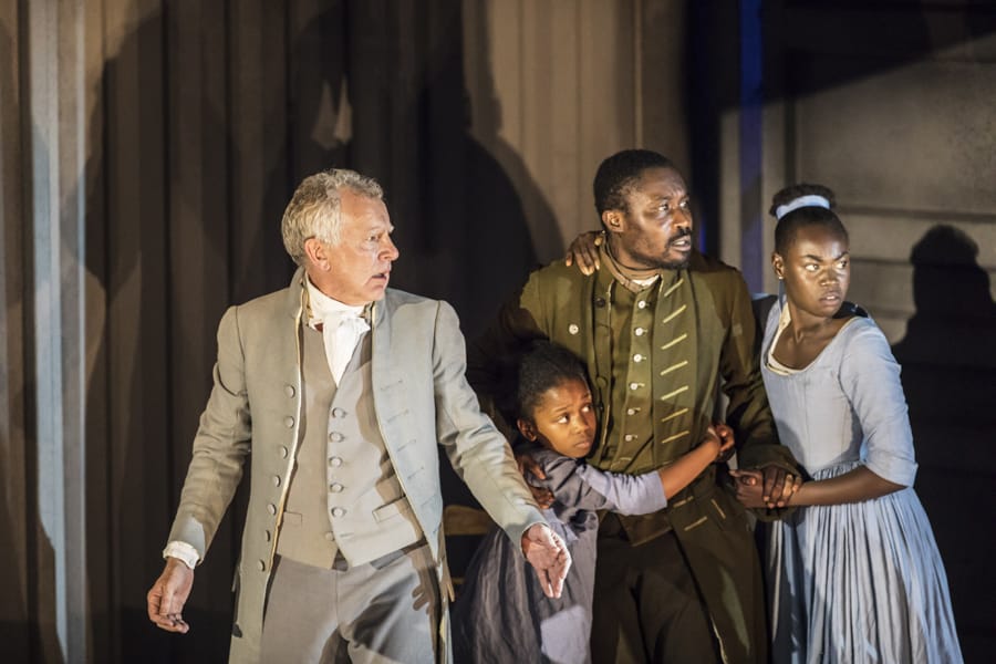 Patrick Driver (Manette), Foyinsola Ighodalo (Little Lucie), Jude Owusu (Darnay) and Marième Diouf (Lucie) in A Tale Of Two Cities at Regent's Park Open Air Theatre (Photo: Johan Persson)