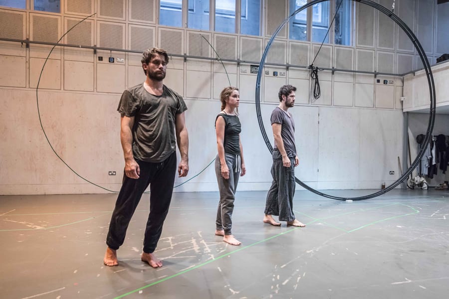 Christian Cooke (Pony William), Judith Roddy (Young Woman) and Matt Ryan (Gilbert) in rehearsal for Knives In Hens (Photo: Marc Brenner)