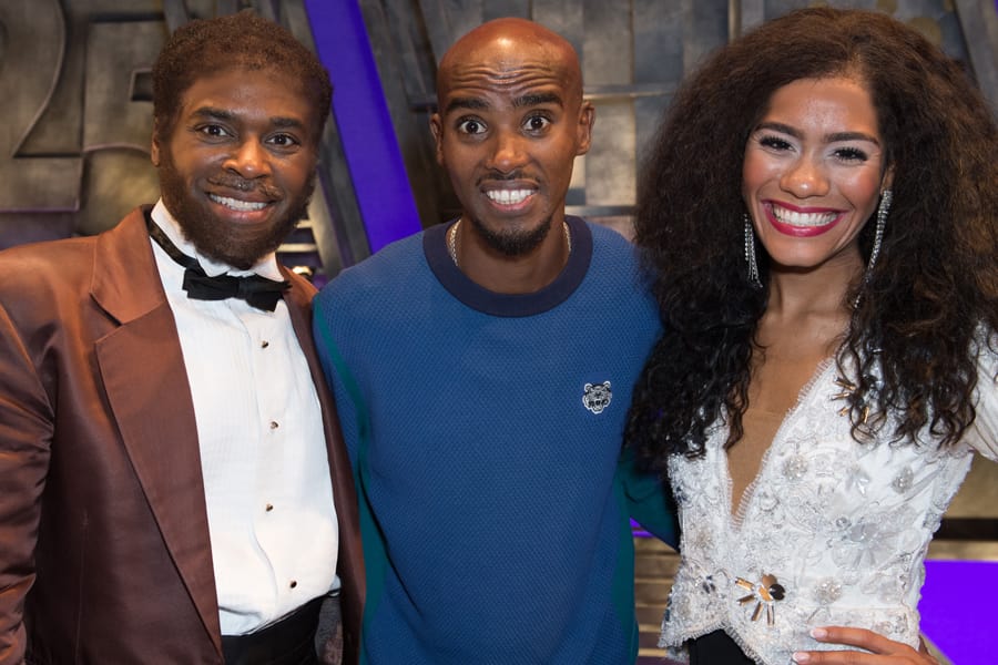 Cedric Neal (Berry Gordy), Mo Farah and Lucy St Louis (Diana Ross) at Motown The Musical (Photo: Craig Sugden)