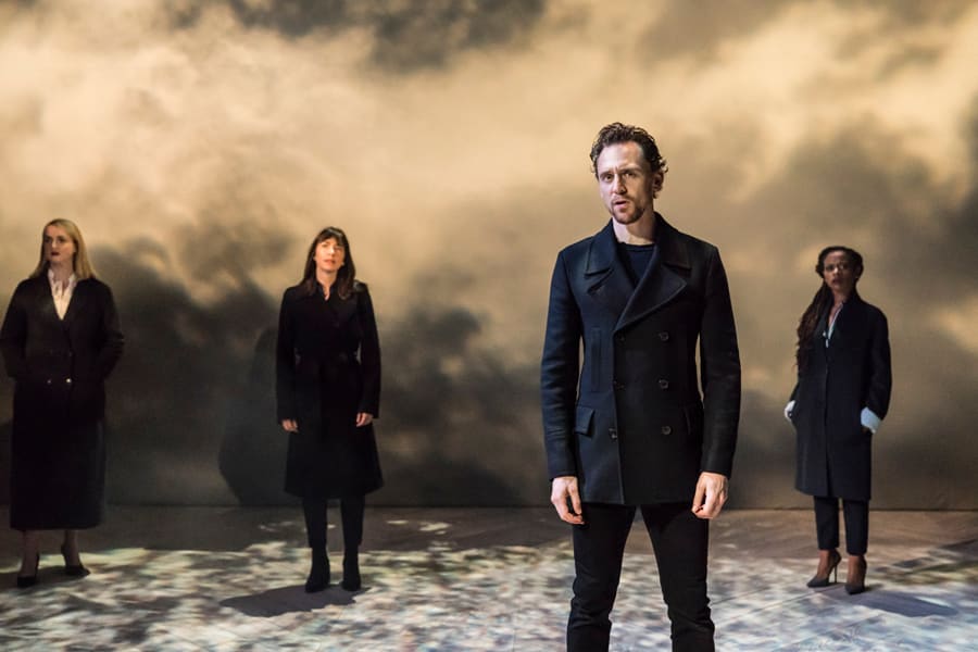 Eleanor de Rohan (Guildastern), Caroline Martin (Horatia), Tom Hiddleston (Hamlet) and Ayesha Antoine (Rosencrantz) in RADA and Kenneth Branagh Theatre Company's Hamlet (Photo: Johan Persson)