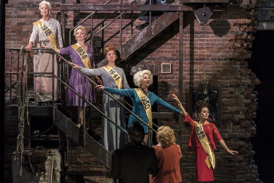 Josephine Barstow as Heidi, Gemma Page as Sandra, Janie Dee as Phyllis, Geraldine Fitzgerald as Solange & Tracie Bennett as Carlotta in Follies at the National Theatre (Photo: Johan Persson)