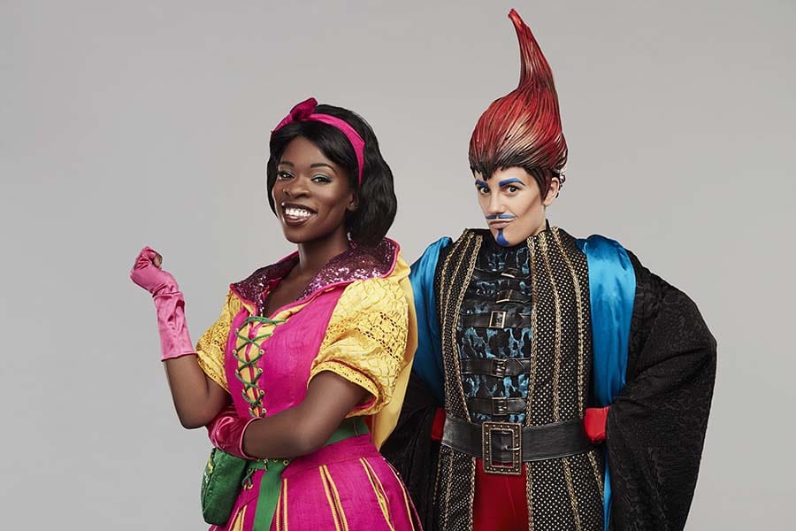 Faith Omole (Jack) and Vikki Stone (Fleshcreep) in Jack And The Beanstalk, the Lyric Hammersmith panto (Photo: Jay Brooks)