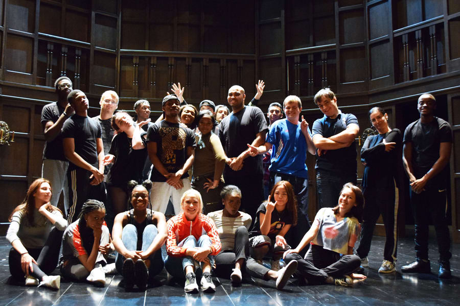 Maddy Hill on stage at the Theatre Royal Haymarket with Cyberscene Students